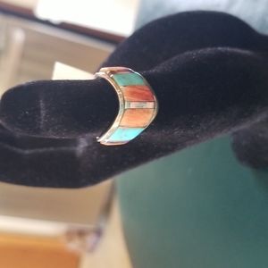 Santa fe style multi turquoise, multi color spiny oyster shell ring size 6